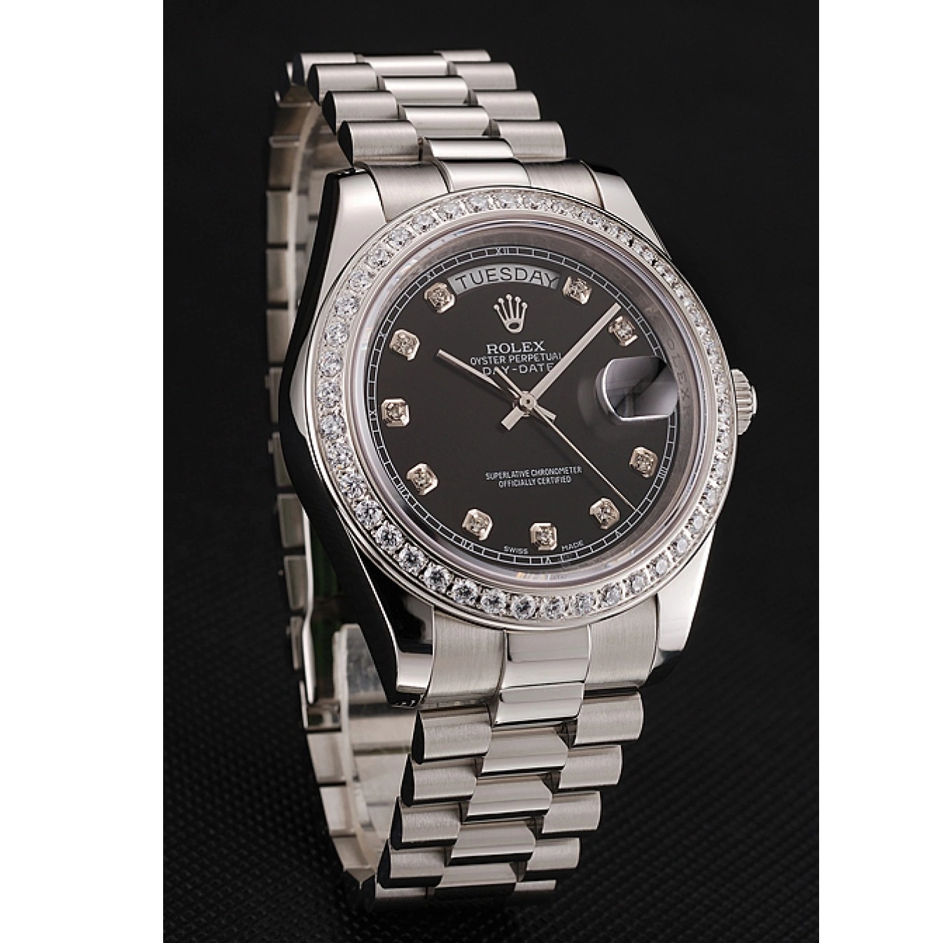 MiroTime 0818 Swiss Rolex Day-Date Black Dial Diamond Case Diamond Numerals Stainless Steel Bracelet 1453965